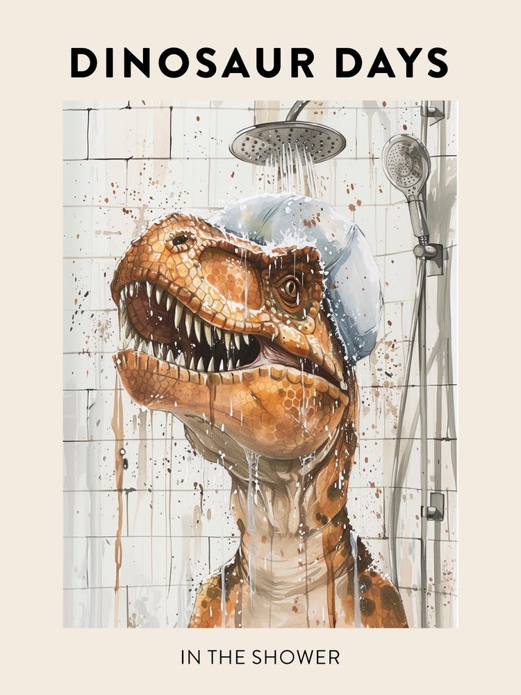 In The Shower Dinosaur Poster
