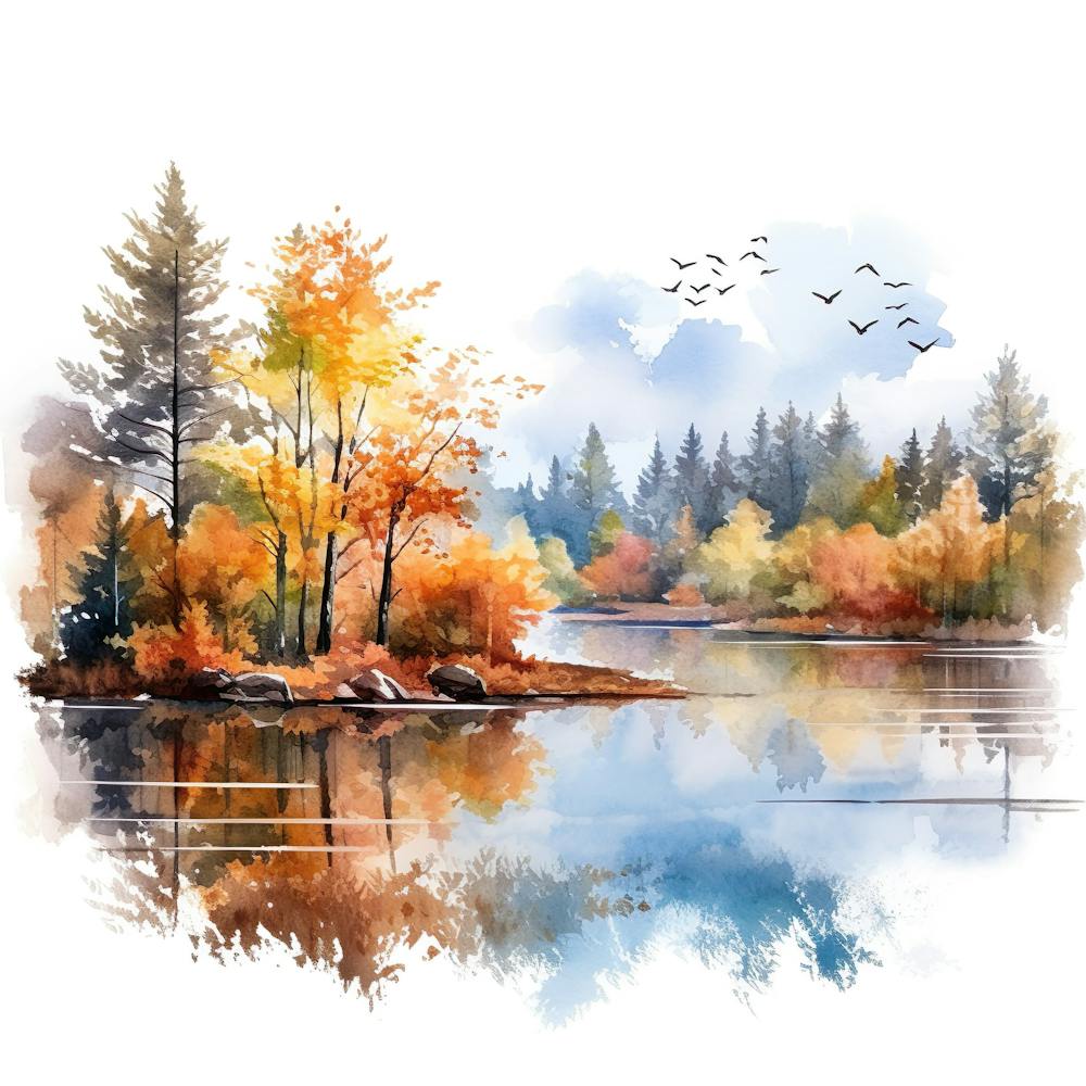 Watercolor Of Autumn Trees On The Lake