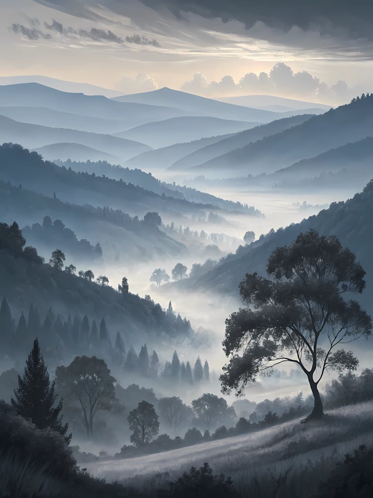 Abendnebel steigt aus dem Tal – Ölgemäldestil