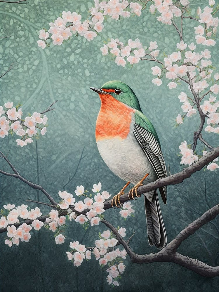 Ohara Koson Inspired Bird Painting European Robin 1
