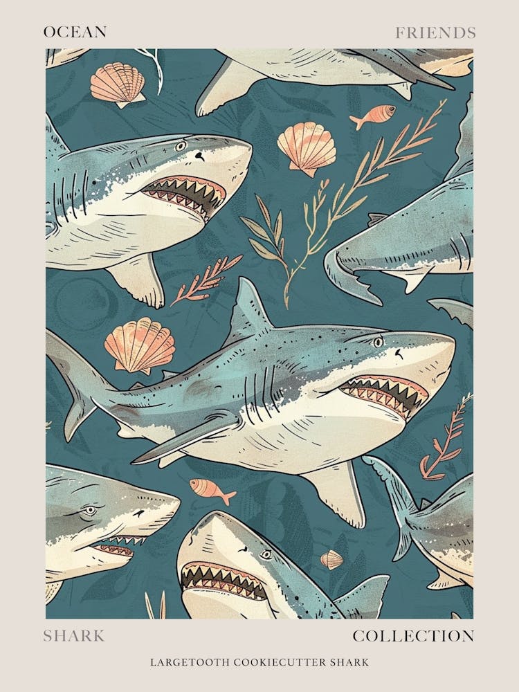 Blue Largetooth Cookiecutter Shark Illustration Pattern Poster
