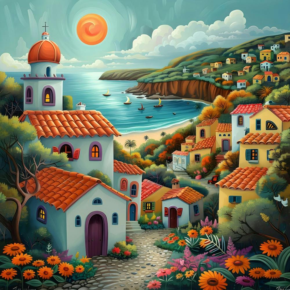 Village By The Sea, Naive, Whimsical, Folk