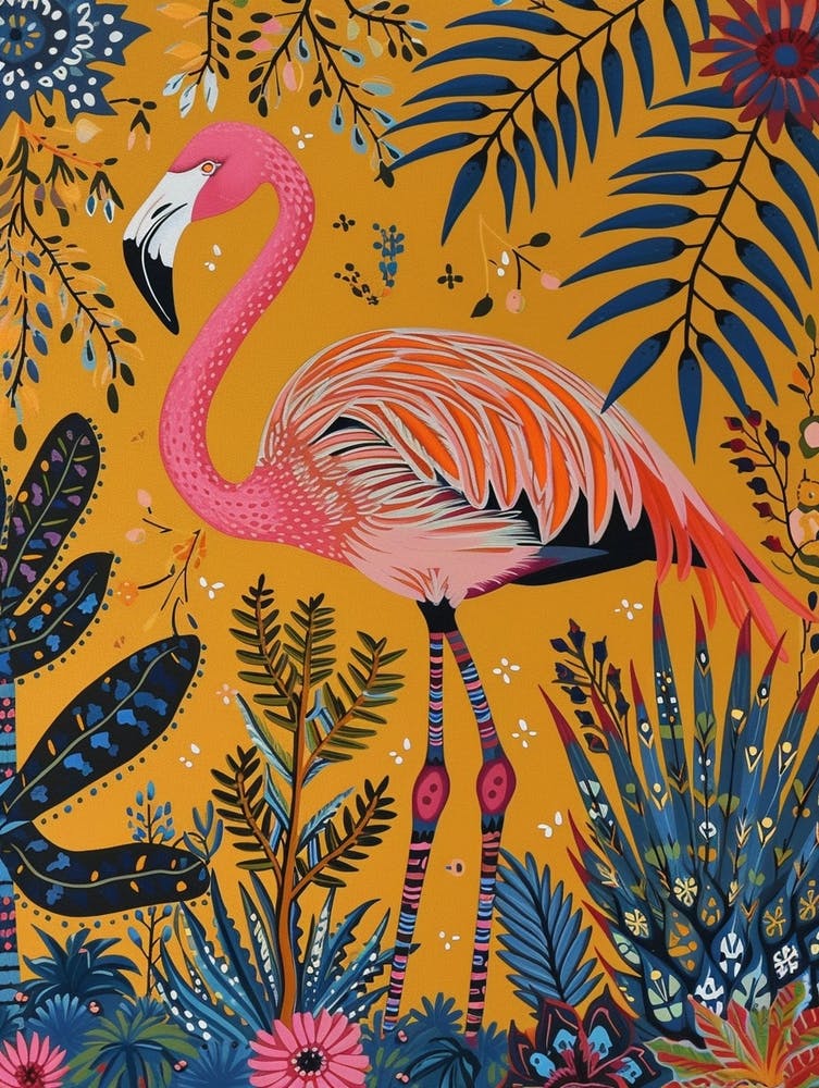Greater Flamingo And Bromeliads Boho Print 1