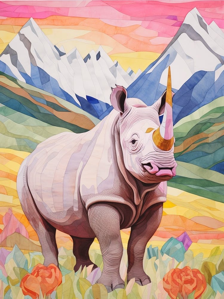 Patchwork Floral Rhino With Mountain In The Background 8