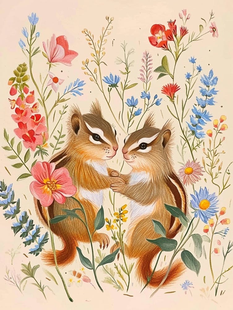Folksy Floral Animal Drawing Chipmunk 4