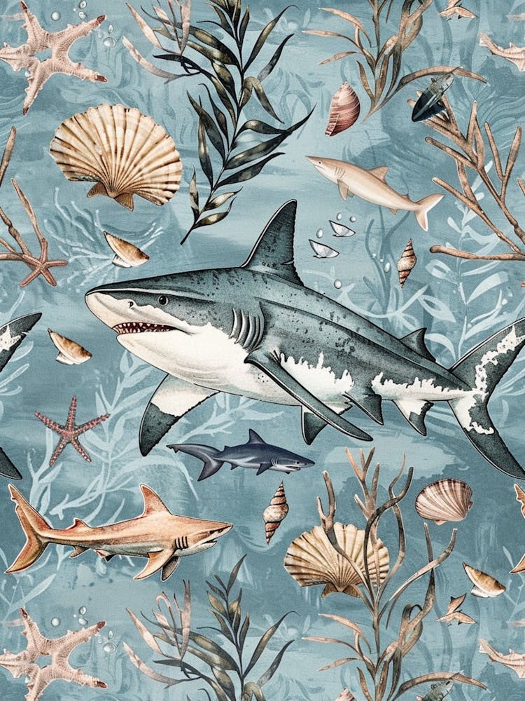 Pastel Blue Shark Watercolour Seascape Pattern 4