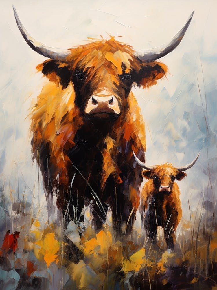 Dark Tones Impressionism Of Two Highland Cows 2