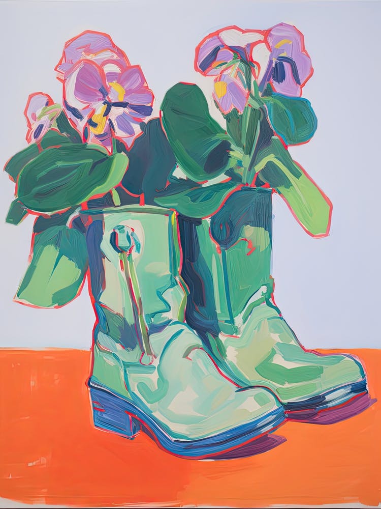 A Painting Of Cowboy Boots With Pink Flowers, Fauvist Style, Still Life 10