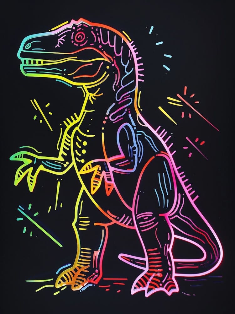 Neon Rainbow Dinosaur Line Illustration With Black Background 3