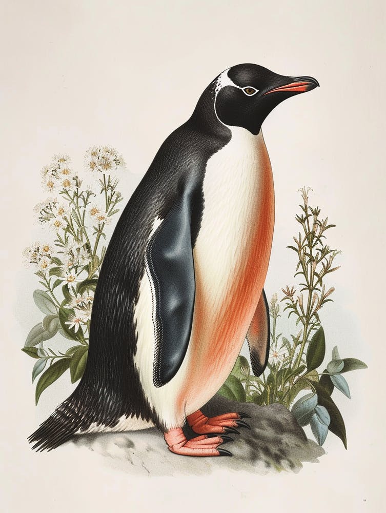 Adlie Penguin Fernandina Island Vintage Botanical Painting 2