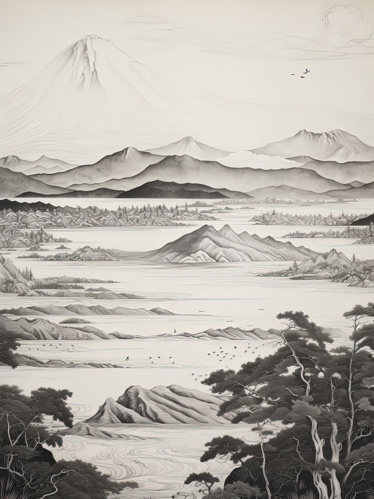 Lake Toya In Hokkaido, Ukiyo E Black And White Line Art Drawing 4