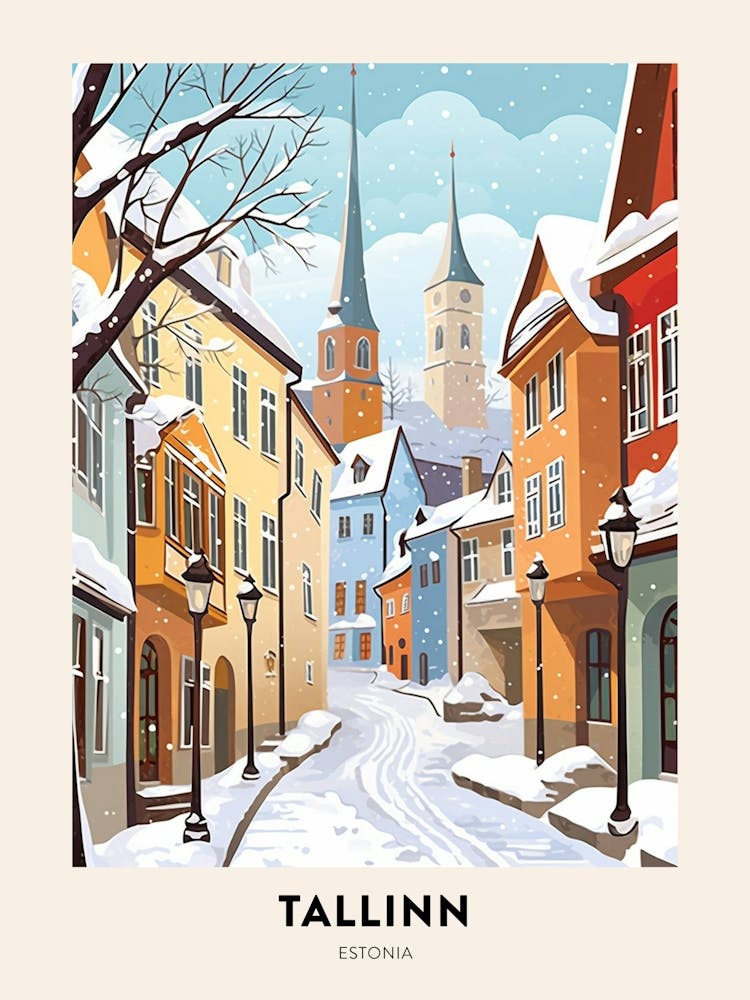 Vintage Winter Travel Poster Tallinn Estonia 3