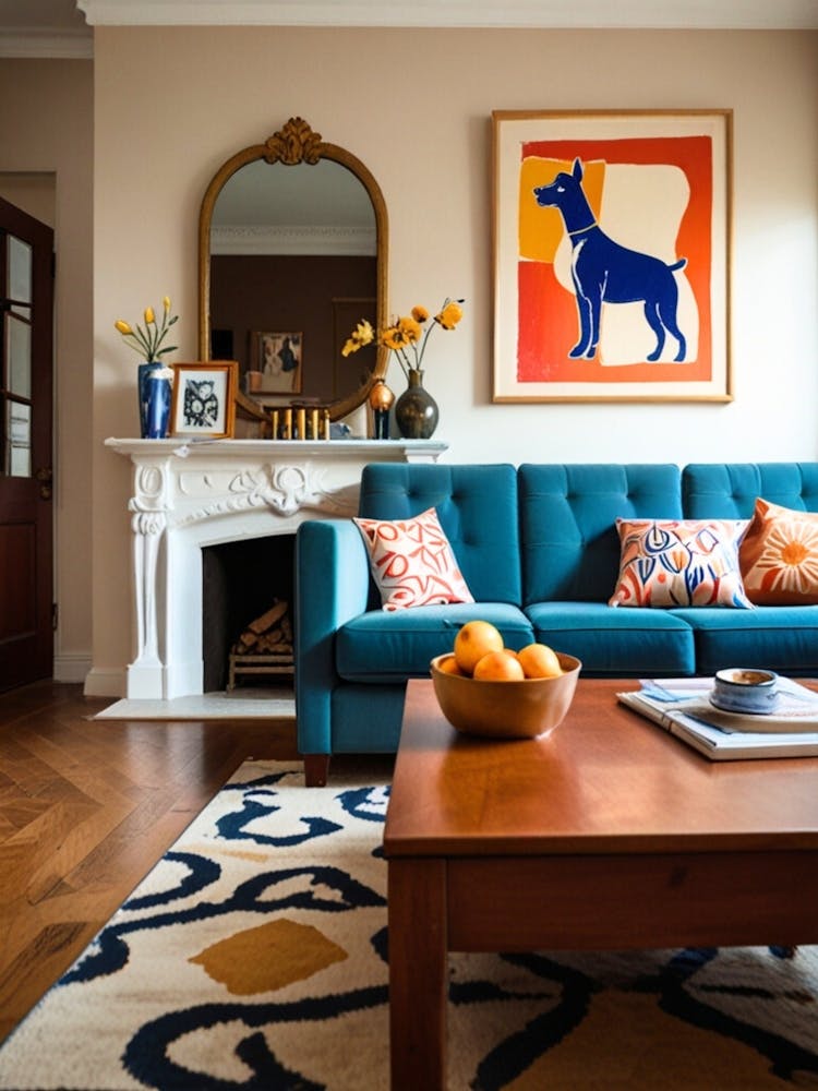 Living Room With Blue Sofa