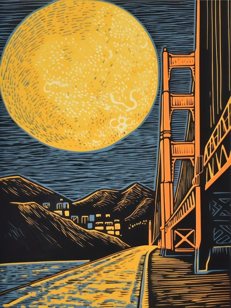 Golden Gate San Francisco Linocut Illustration Style 1