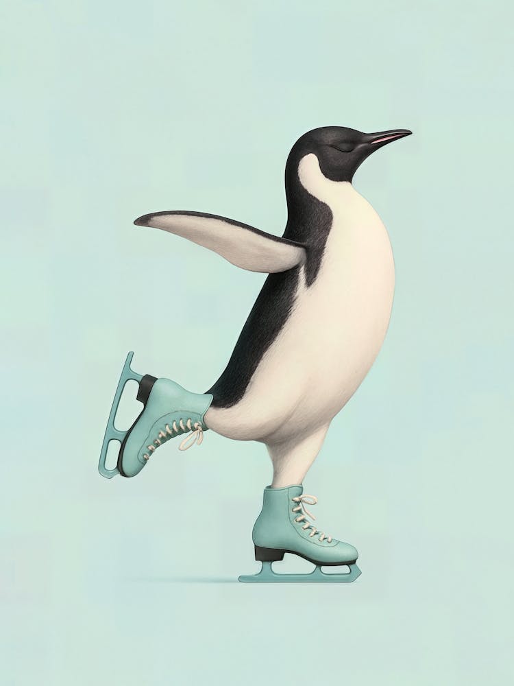 Penguin Dancing on Ice Skates – Winter Joy in Mint Green: This dancing penguin brings joy to winter days with ice skates and a happy heart. Set against a mint green backdrop, this minimalist poster is perfect for nurseries, kids rooms, and lovers of snow,