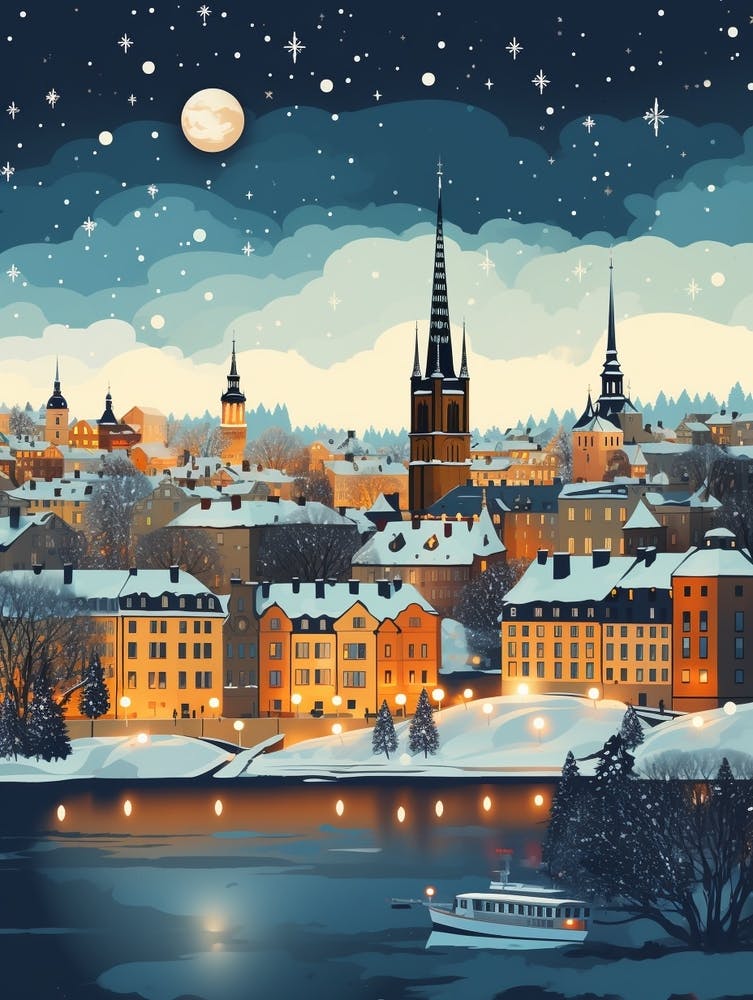 Winter Travel Night Illustration Stockholm Sweden 2