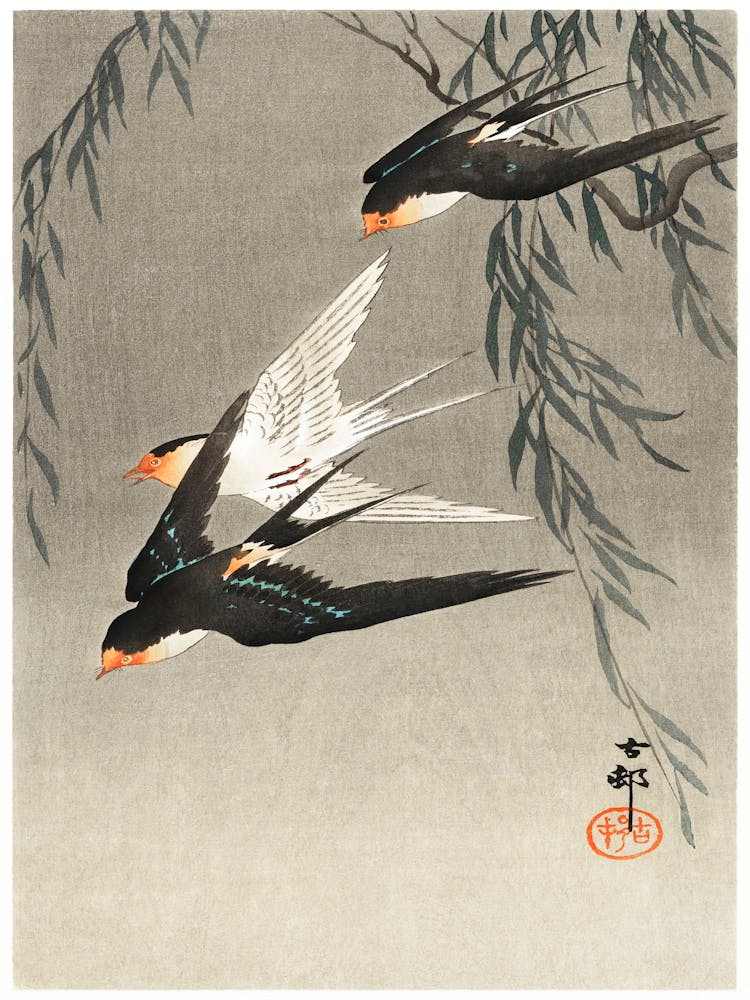 Three Red Tailed Swallows In Dive (1900 1930), Ohara Koson