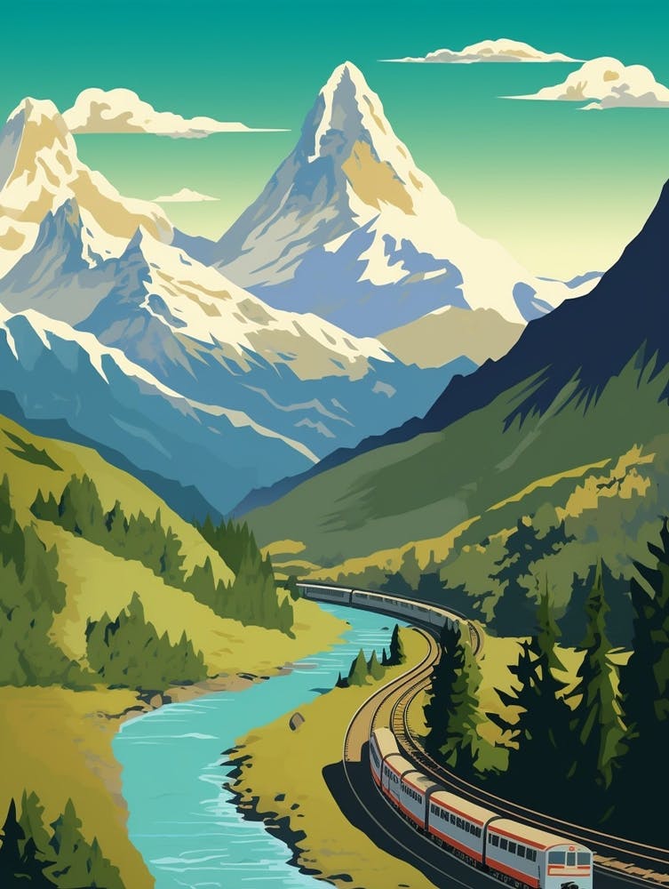 Chamonix To Zermatt France Switzerland Vintage Travel Illustration