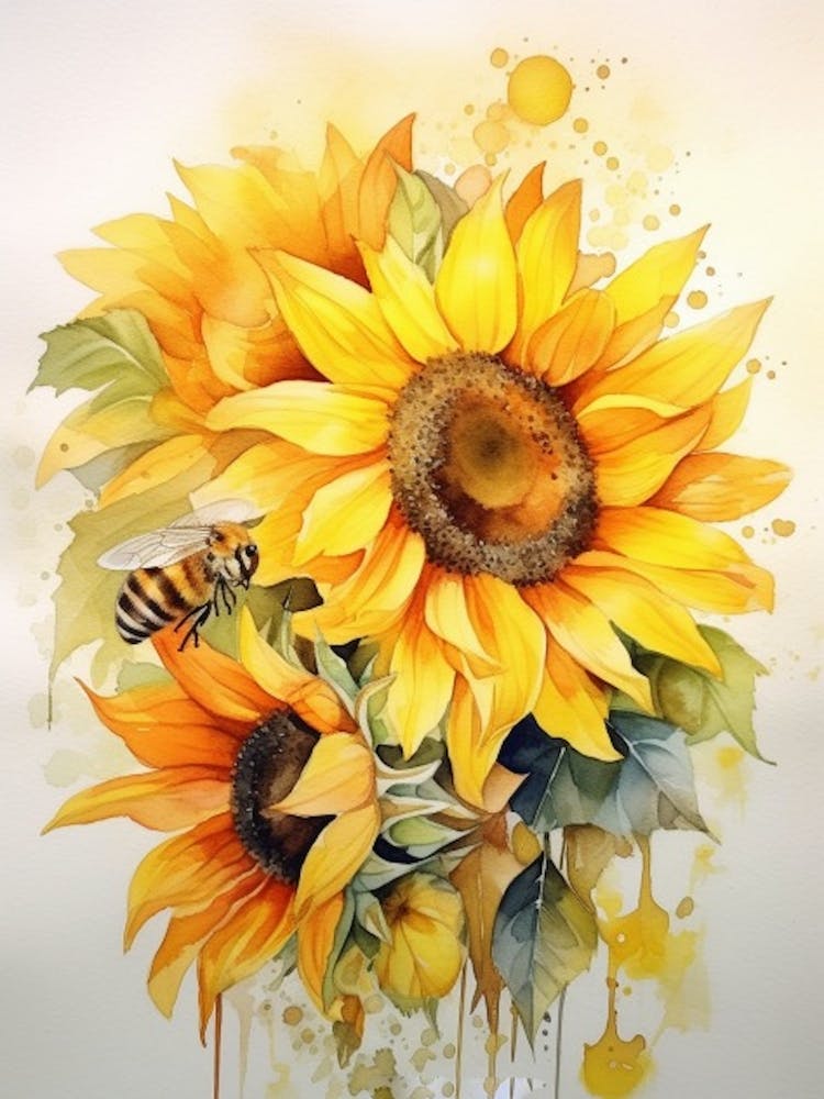 Beehive With Sunflower Watercolour Illustration 2