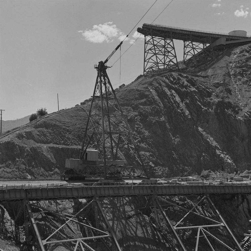 Shasta Dam, Shasta County, California, One Of The Tail Towers Which Supports One End Of The Cable Which Is Used To