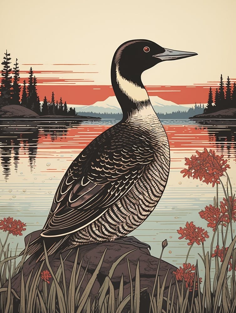 Vintage Bird Linocut Loon 4