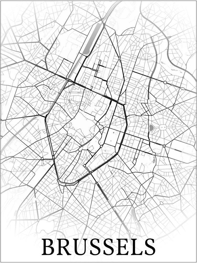 Brussels, Belgium, City Map, Black And White Fade Design