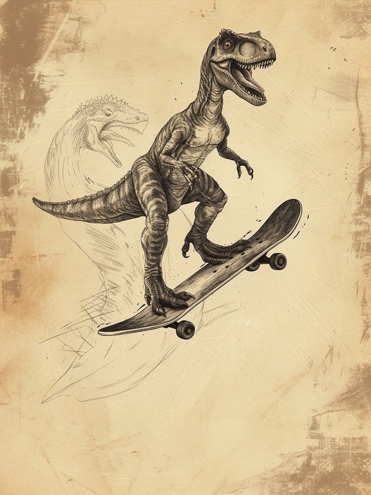 Vintage Gallimimus Dinosaur On A Skateboard  2