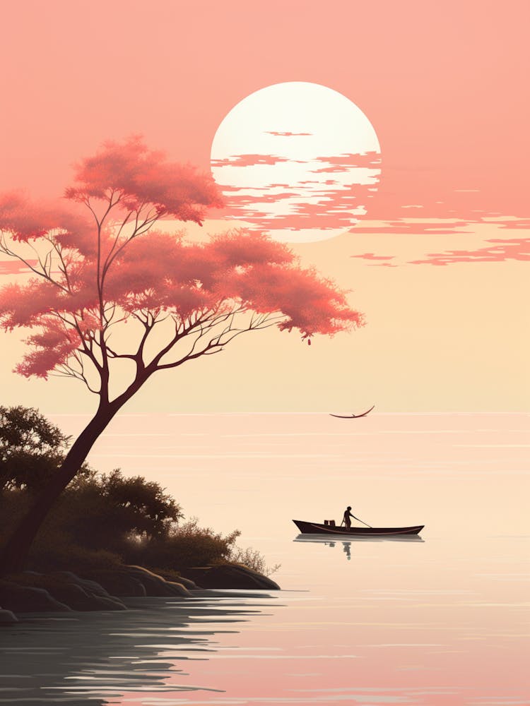 An Illustration In Pink Tones Of A Boat And Trees Overlooking The Ocean 4