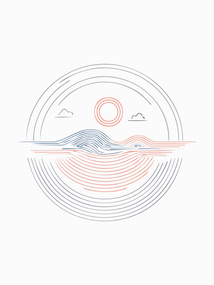 Minimalist Line Art Landscape with Sun and Waves
