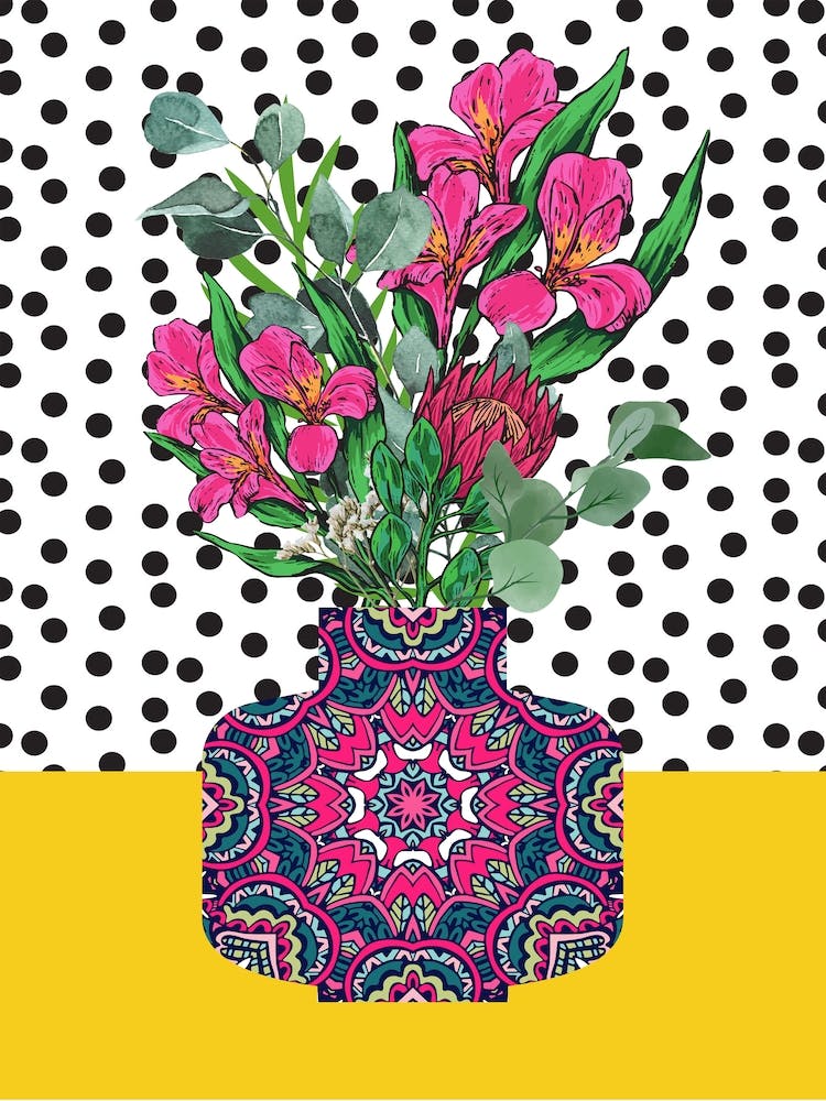 Pink Flowers in Patterned Vase