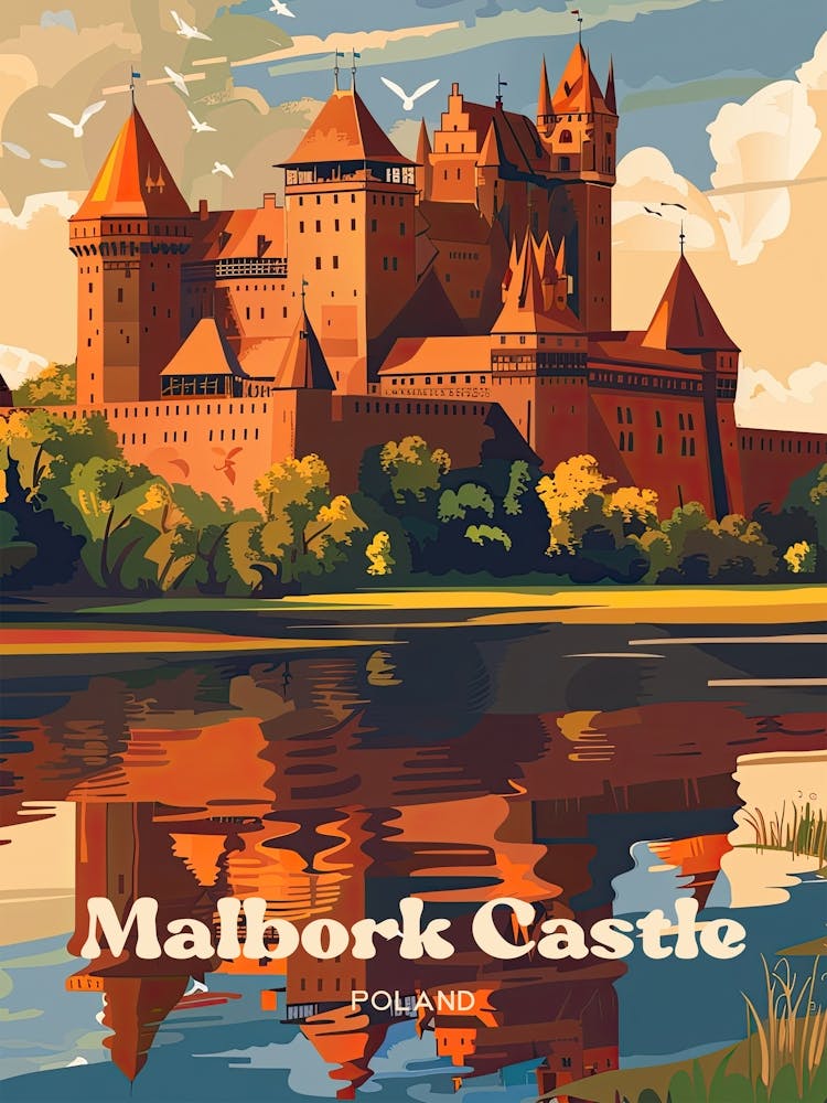 Malbork Castle Poland Vintage Travel Illustration