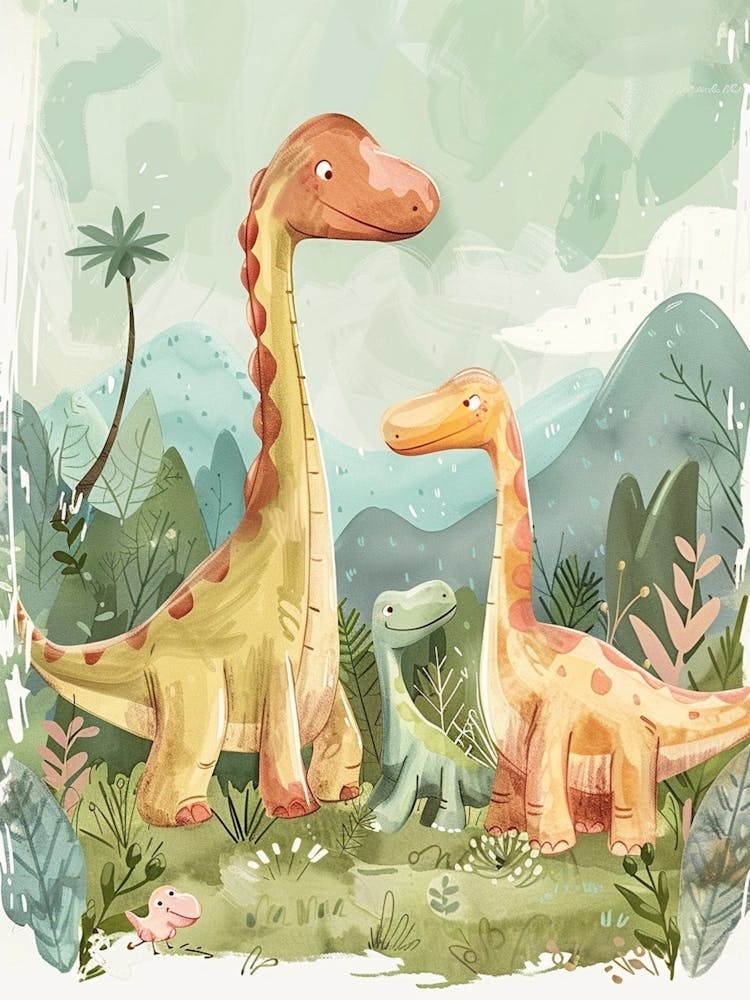 Dinosaur Family In The Meadow Storybook Style Painting