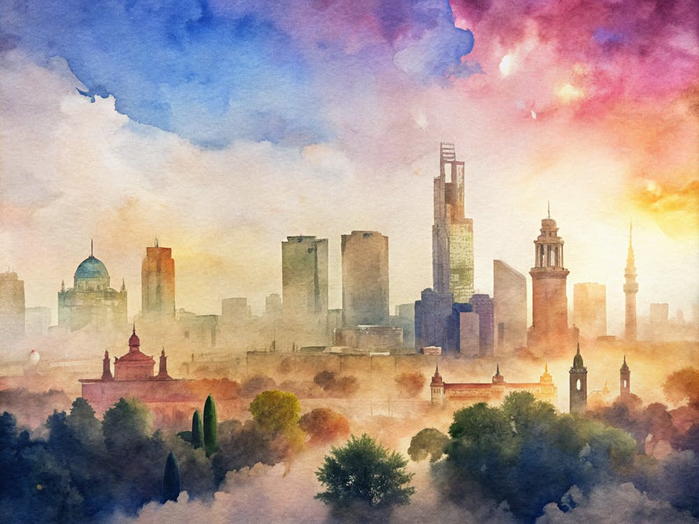 City Skyline Watercolor Painting