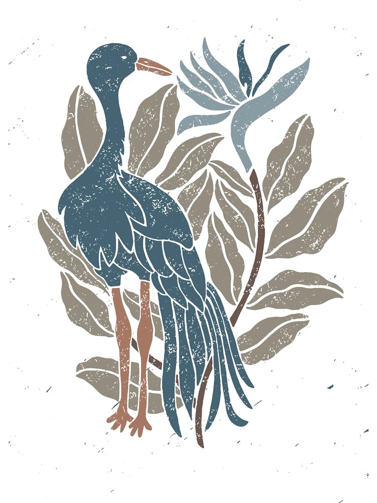 Blue Crane and Strelitzia, Bird of Paradise