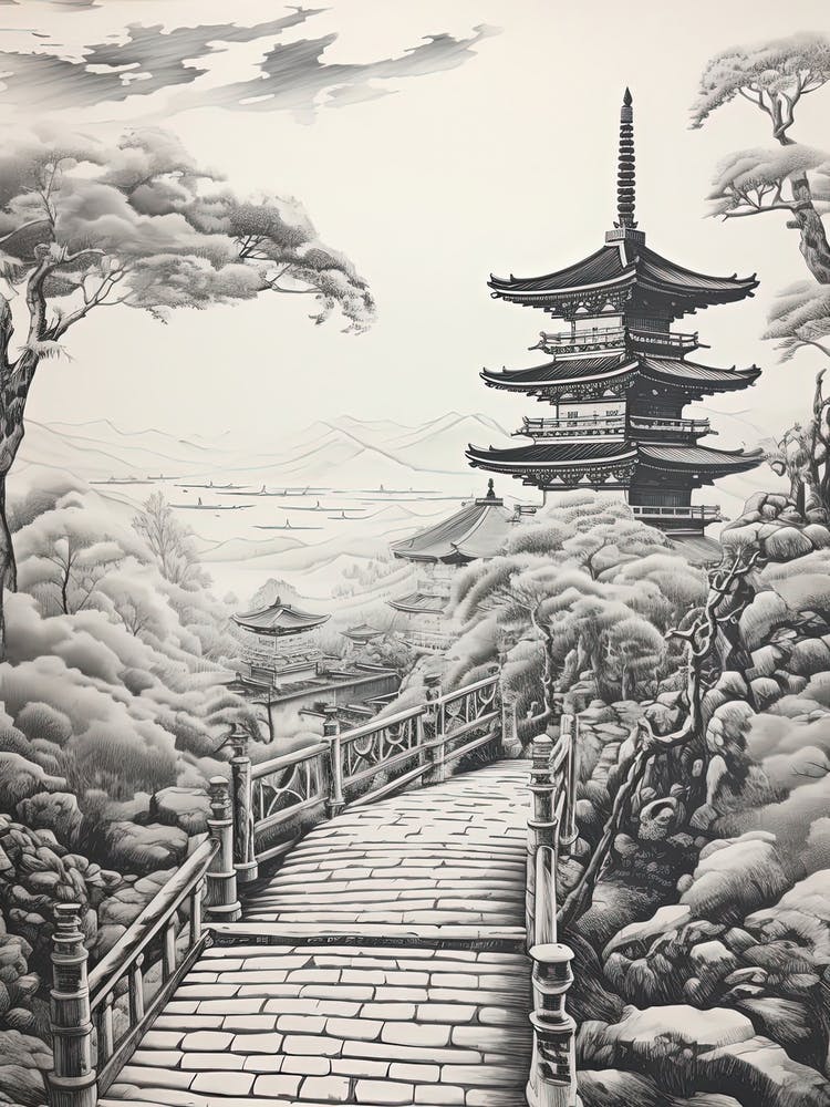 Chureito Pagoda In Yamanashi, Ukiyo E Black And White Line Art Drawing 1