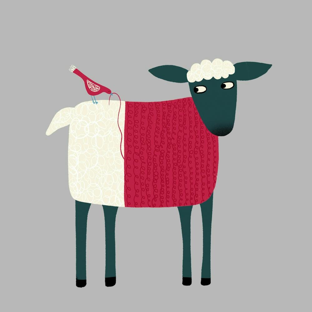 Sheep With Bird and Half a Knitted Jumper