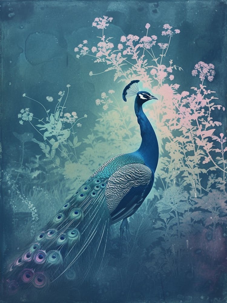 Turquoise Vintage Peacock With White Wild Flowers