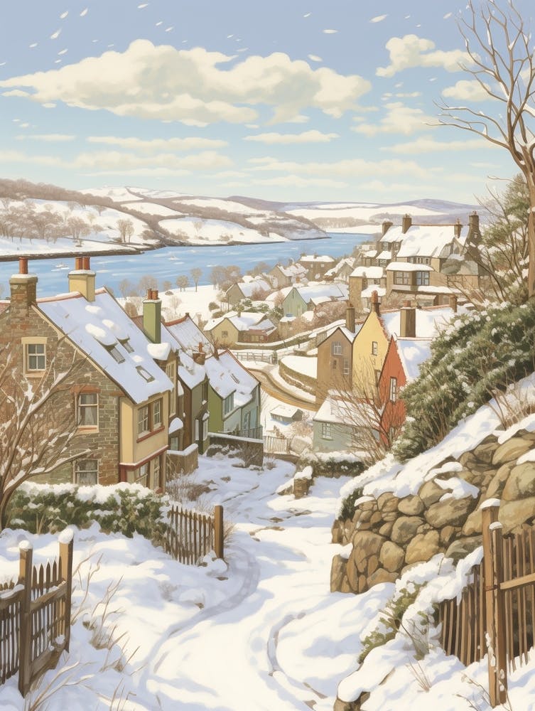 Vintage Winter Illustration Cornwall United Kingdom