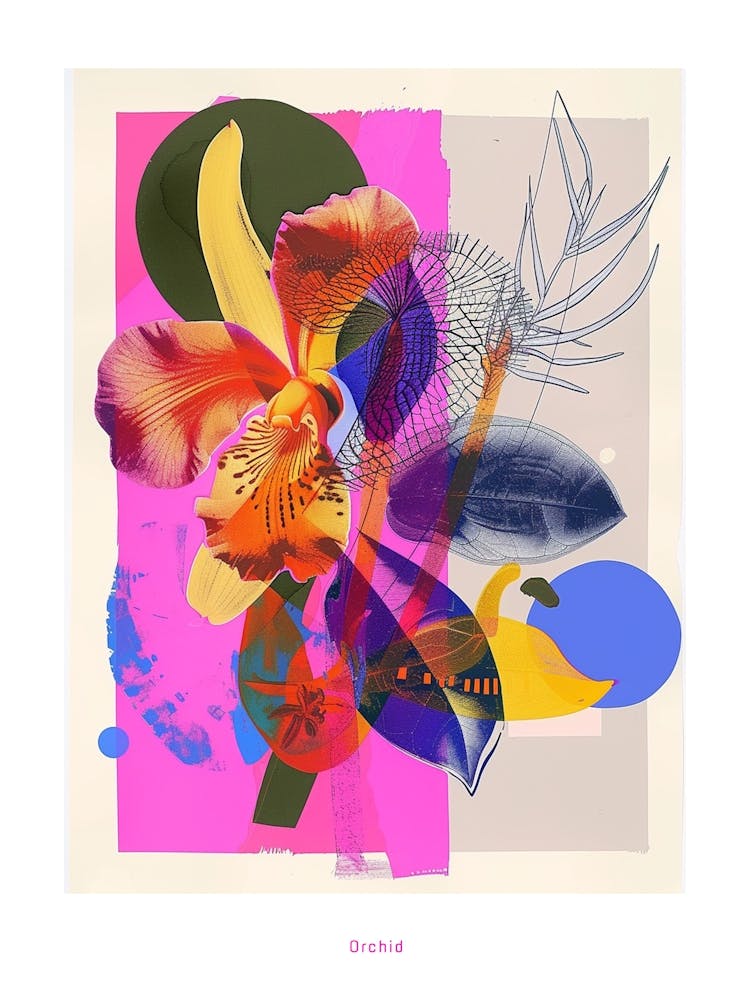 Orchid 1 Neon Flower Collage Poster