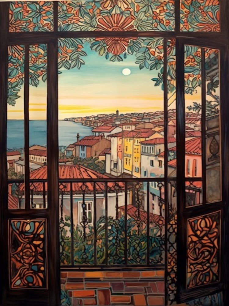 Window View Of Lisbon Portugal In The Style Of William Morris 4
