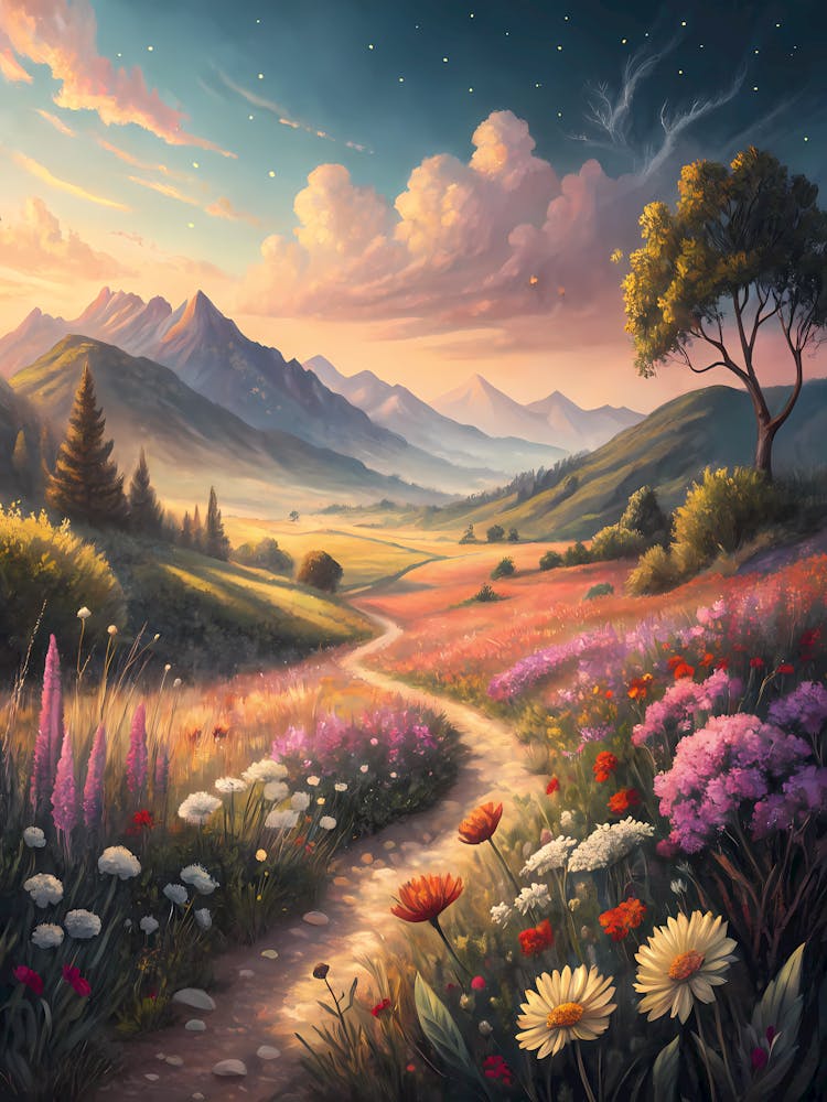Dreamy Countryside with Vivid Flowers Oil Painting Style