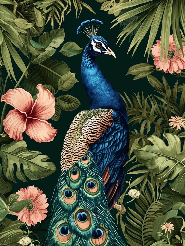 Peacock With Tropical Flowers