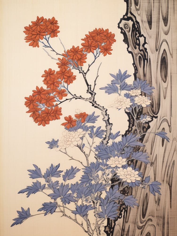 Omurasaki Japanese Aster 1 Vintage Botanical Woodblock