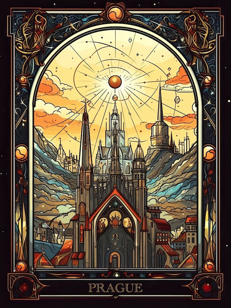Prague, Czech Republic, Carte de Tarot Art Linéaire de Voyage 1