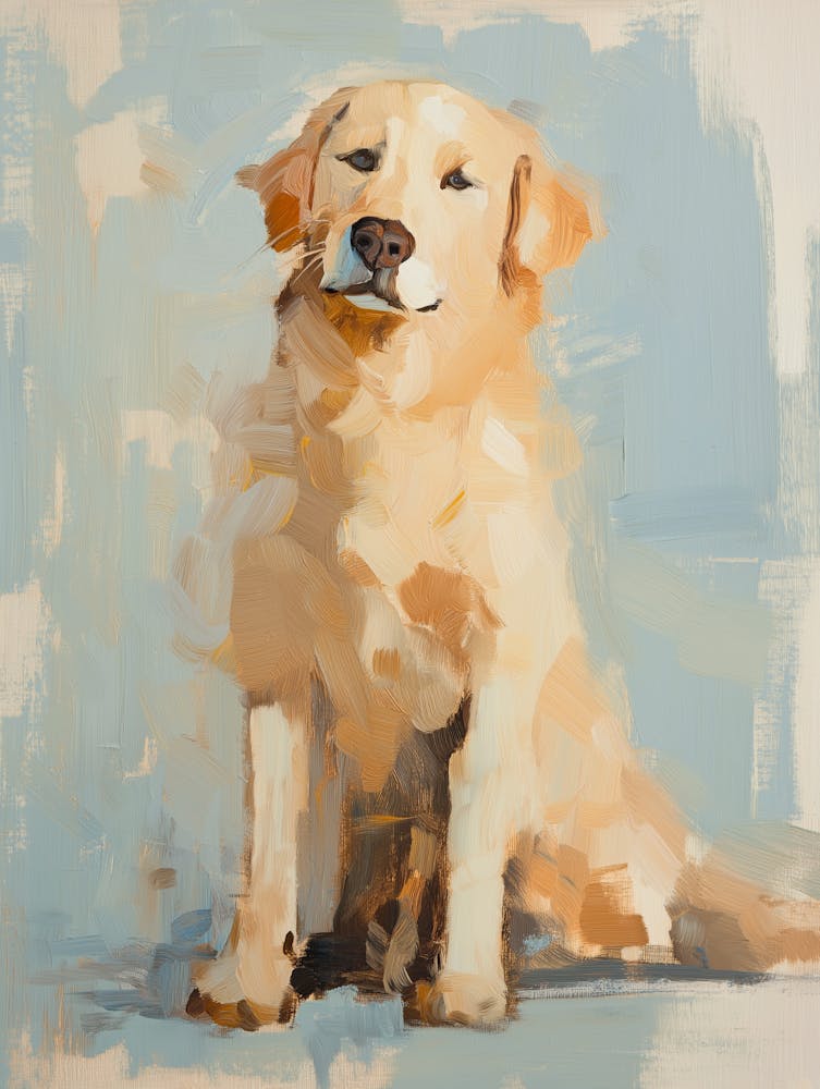 Oil Painting Of A Golden Retriever Sitting, With Light Blue And Beige Tones