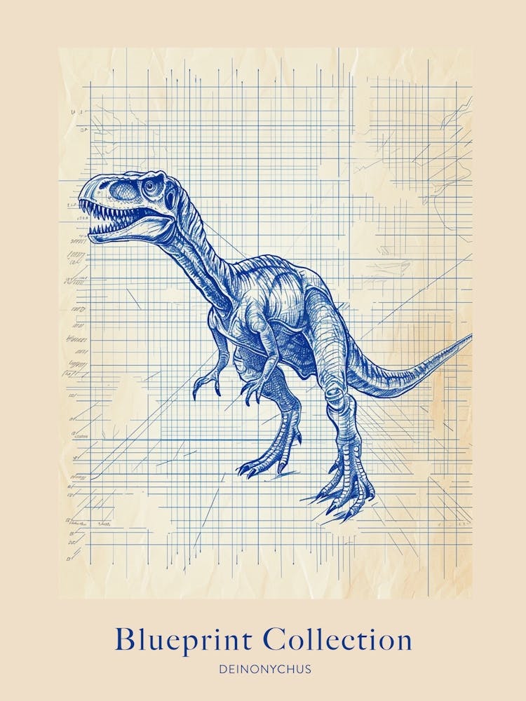 Deinonychus Dinosaur Blue Print Sketch 1 Poster