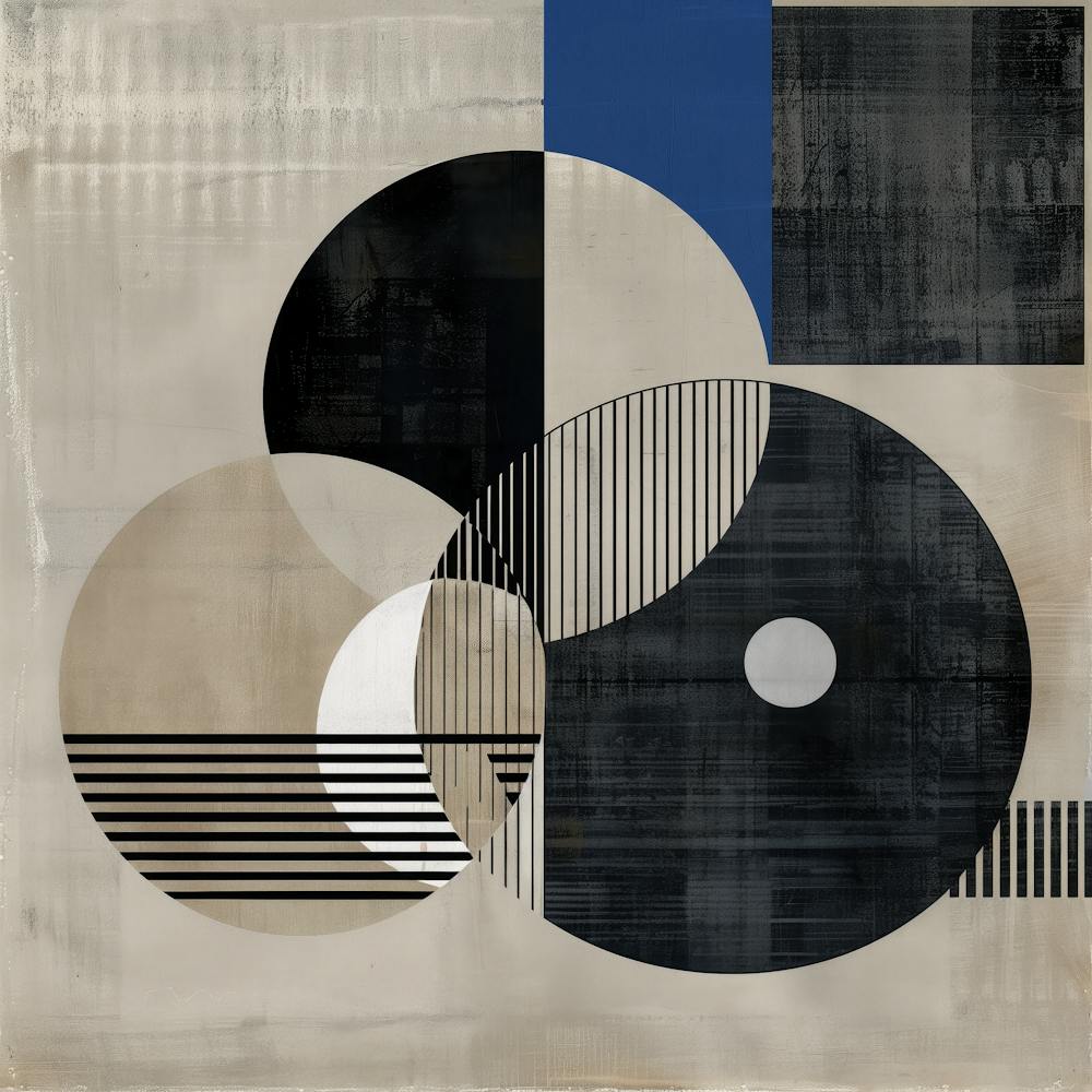 Abstract Blue, Beige and Black Circles - Geometric Art