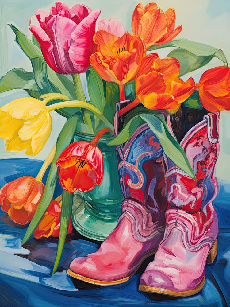 Oil Painting Of Tulips Flowers And Cowboy Boots, Oil Style 3