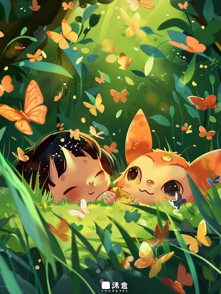 Spring, Two Children Lying On The Ground, Surrounded By Butterflies, In The Grass, Sunny Day, Morning Light, High Detail, Close Up, Hayao Miyazaki Style