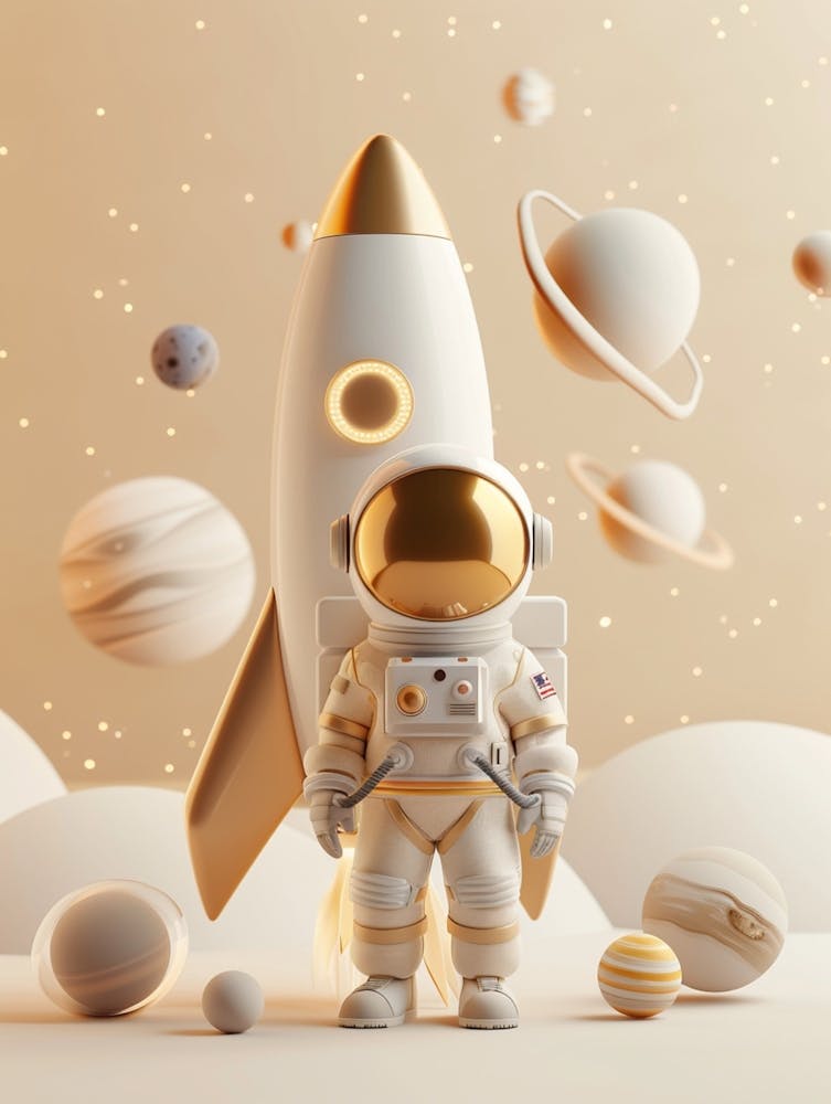 3d Rendering, C4d, Cartoon Style, White And Beige Colors, A Tiny Astronaut Stands Next To The Rocket In Space With Planets Around Him, Light Gold Background, Soft Natural Lighting, Simple Chibi Style, Blind Box Art, C4d Renderings, B 1